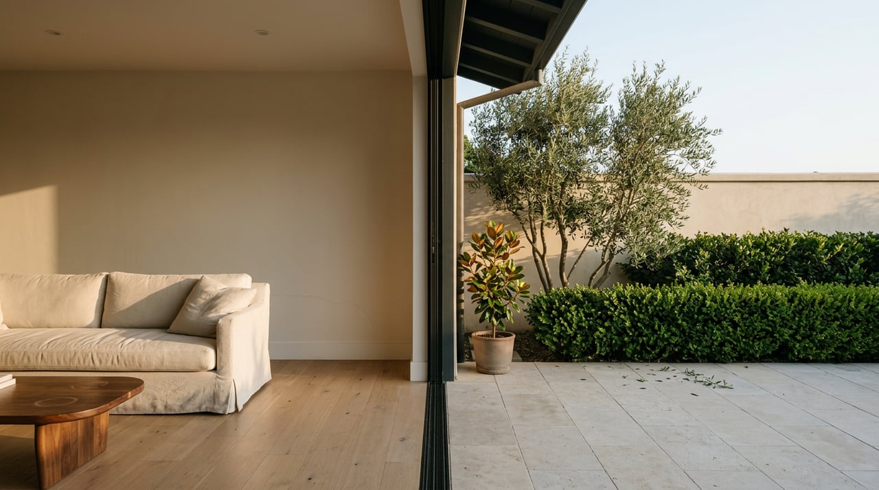 Open glass wall between a limestone terrace with an olive tree and a living room with an off-white sofa.