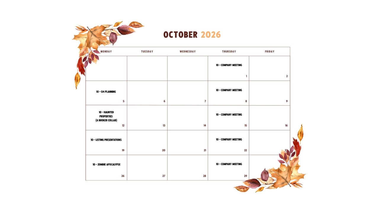 October 2026 company calendar with Thursday meetings and scheduled team events.