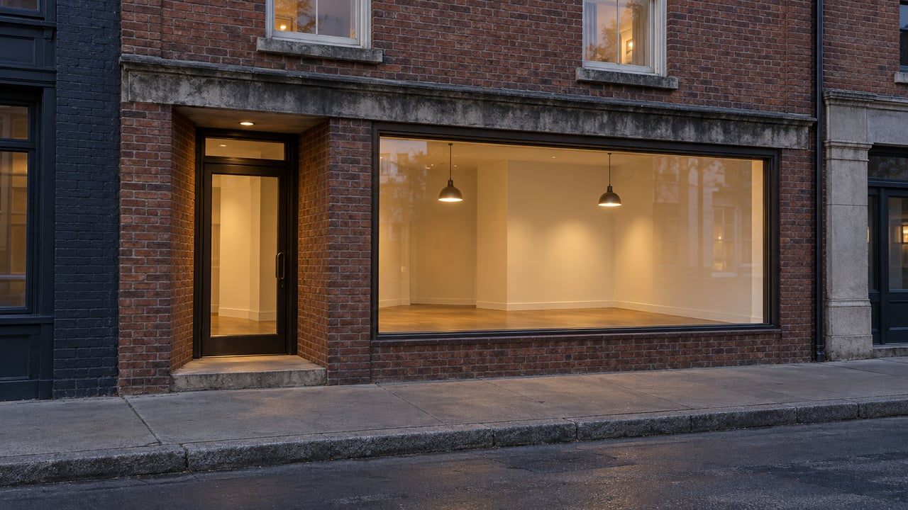 A weathered brick storefront at dusk, with warm light behind closed glass windows and a granite curb along the sidewalk.