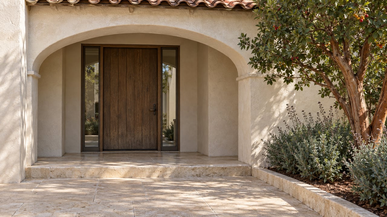 Arched ivory stucco entry with an oak door, bronze-framed sidelights, limestone steps and a mature strawberry tree.