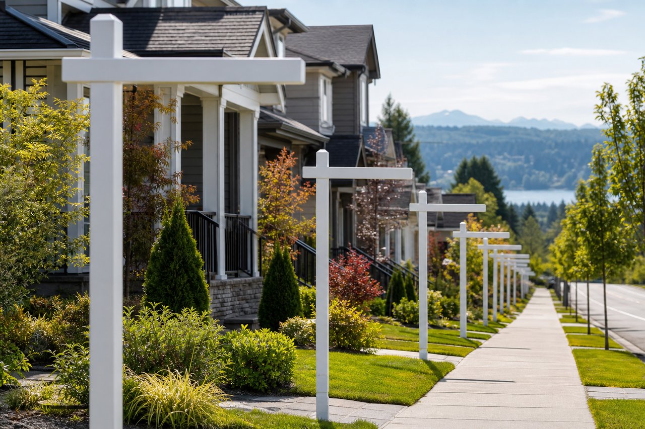 A row of homes beside a landscaped sidewalk, with a lake and wooded hills in the distance.