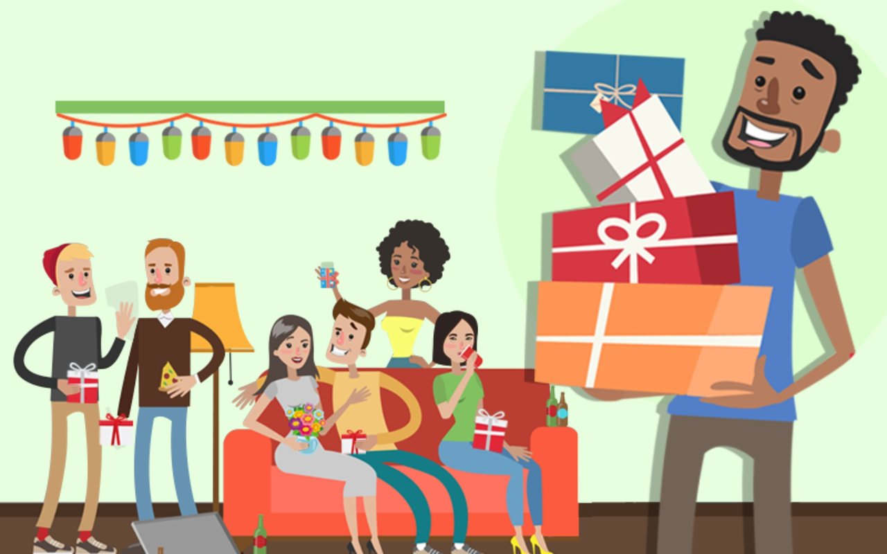 Friends and family bring gifts to a couple at a festive living-room gathering.