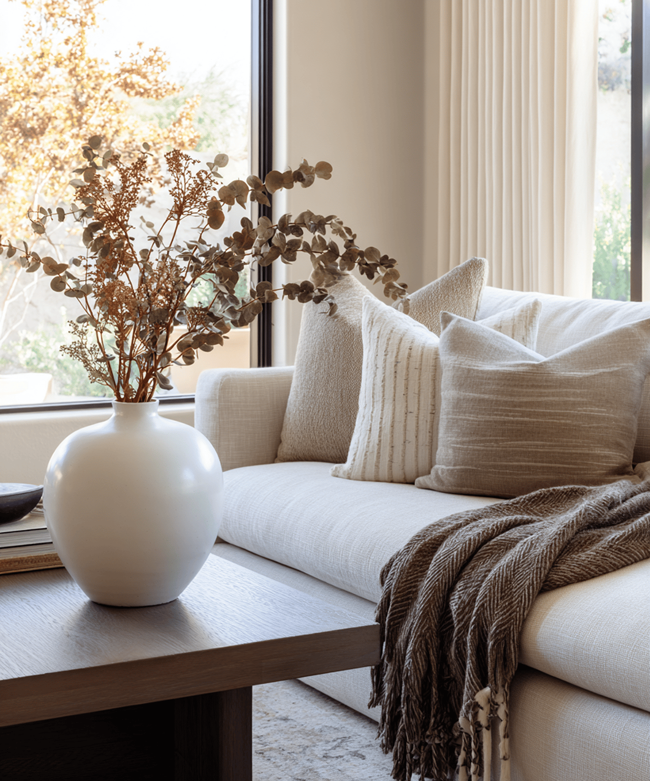 Living room with a white sofa, neutral pillows, and dried foliage in a vase by large windows.