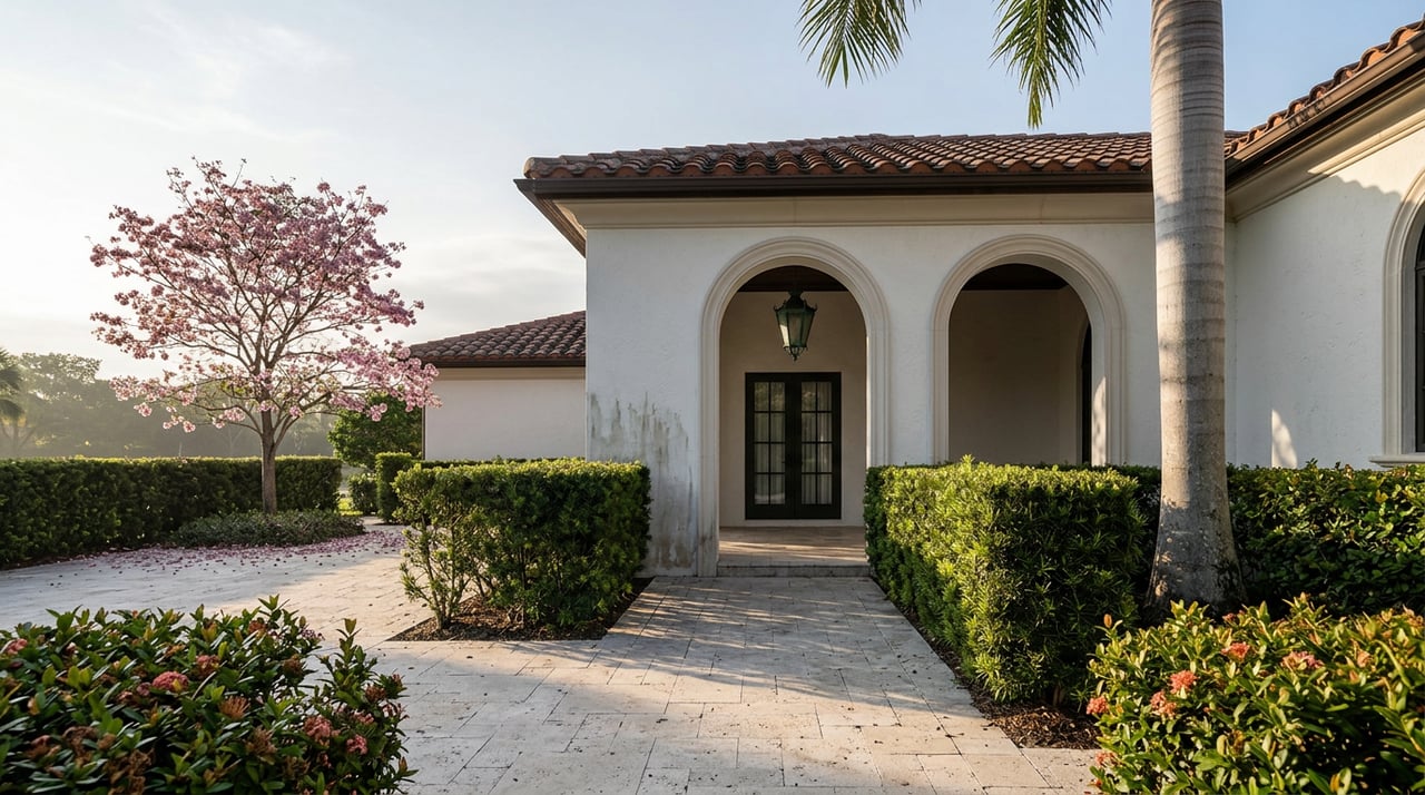 Travertine path leads to a white stucco loggia with three arches, flanked by hedges and pink-blooming trees.