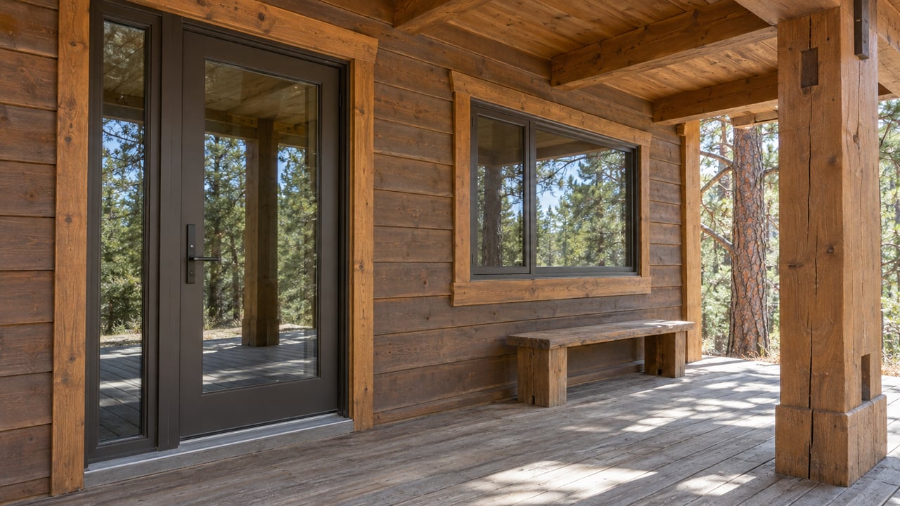 Covered timber porch with a glazed entry, weathered wood decking and two mature pine trees beyond the outer post.