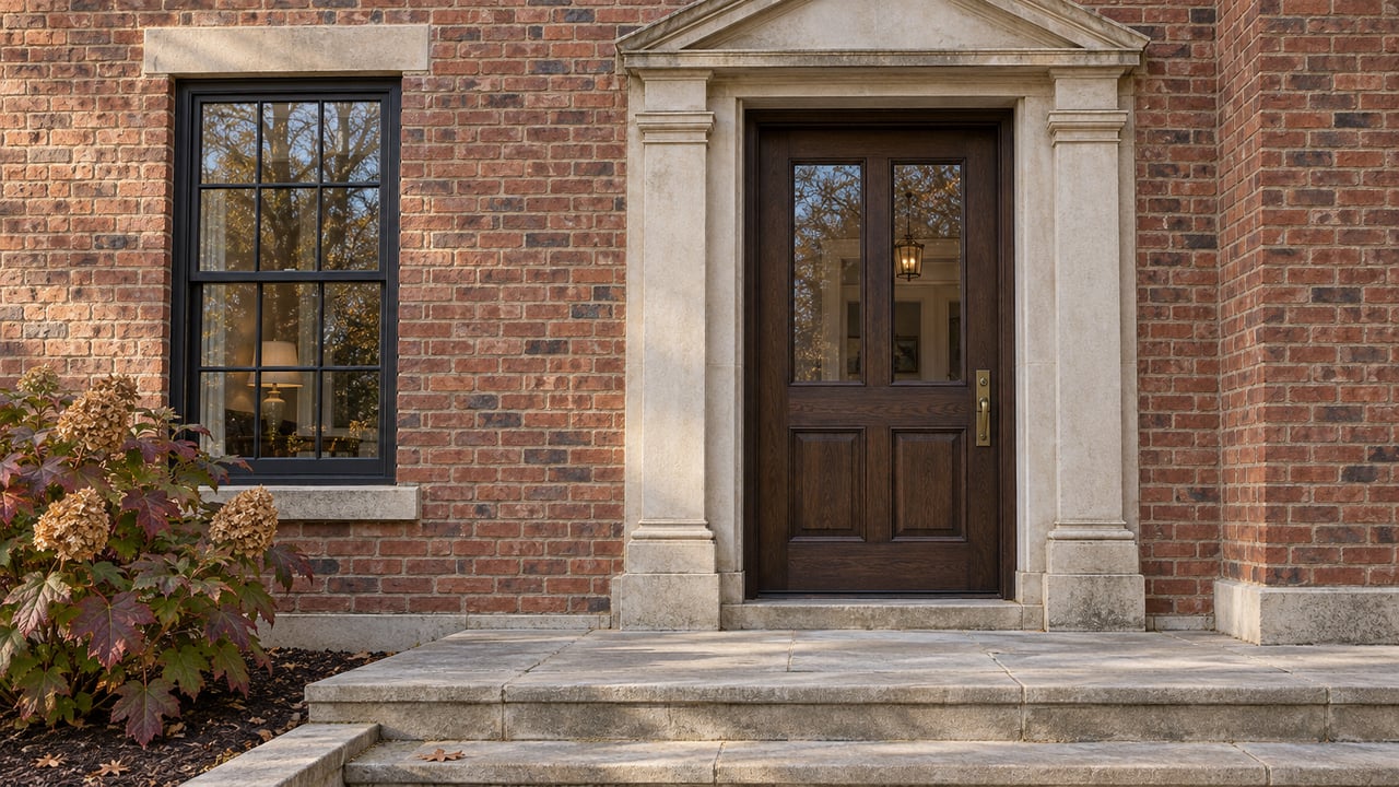 Warm brick entry with limestone pediment and paired pilasters, dark oak door, and autumn oakleaf hydrangea beside broad stone steps.
