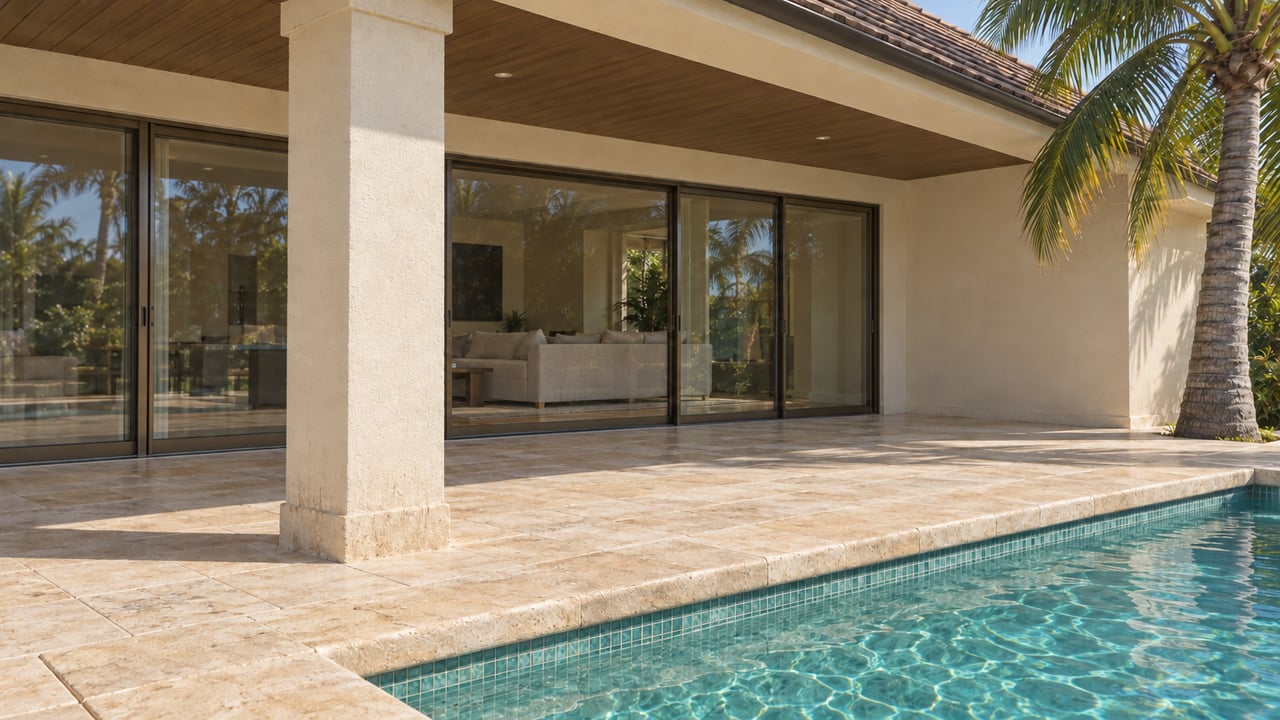 Beige stone pool terrace and stucco column beneath a wood soffit, with the living room enclosed by bronze-framed glass sliding doors.