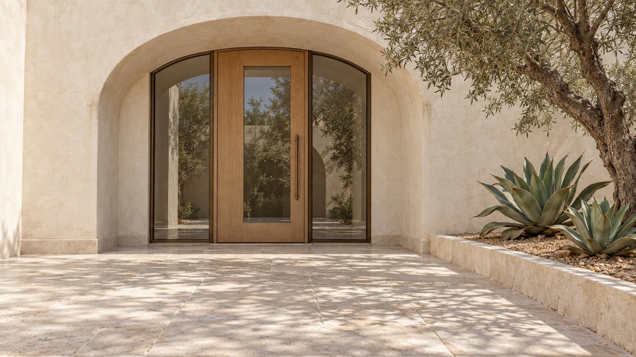 Sunlit plaster arch around an oak and glass home entrance, with limestone paving, a mature olive tree and two sculptural agaves.