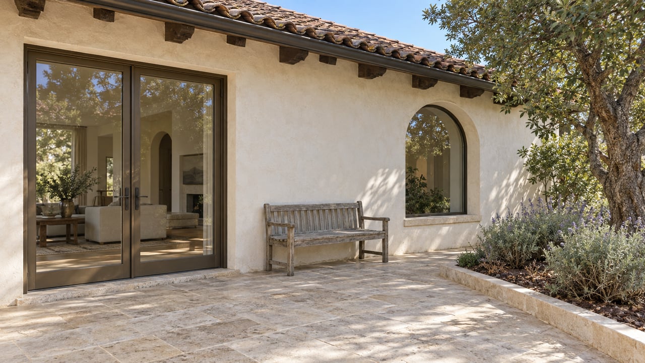 Warm plaster home with bronze glazed doors, a limestone terrace, an oak bench and a mature coast live oak beside a raised planting bed.