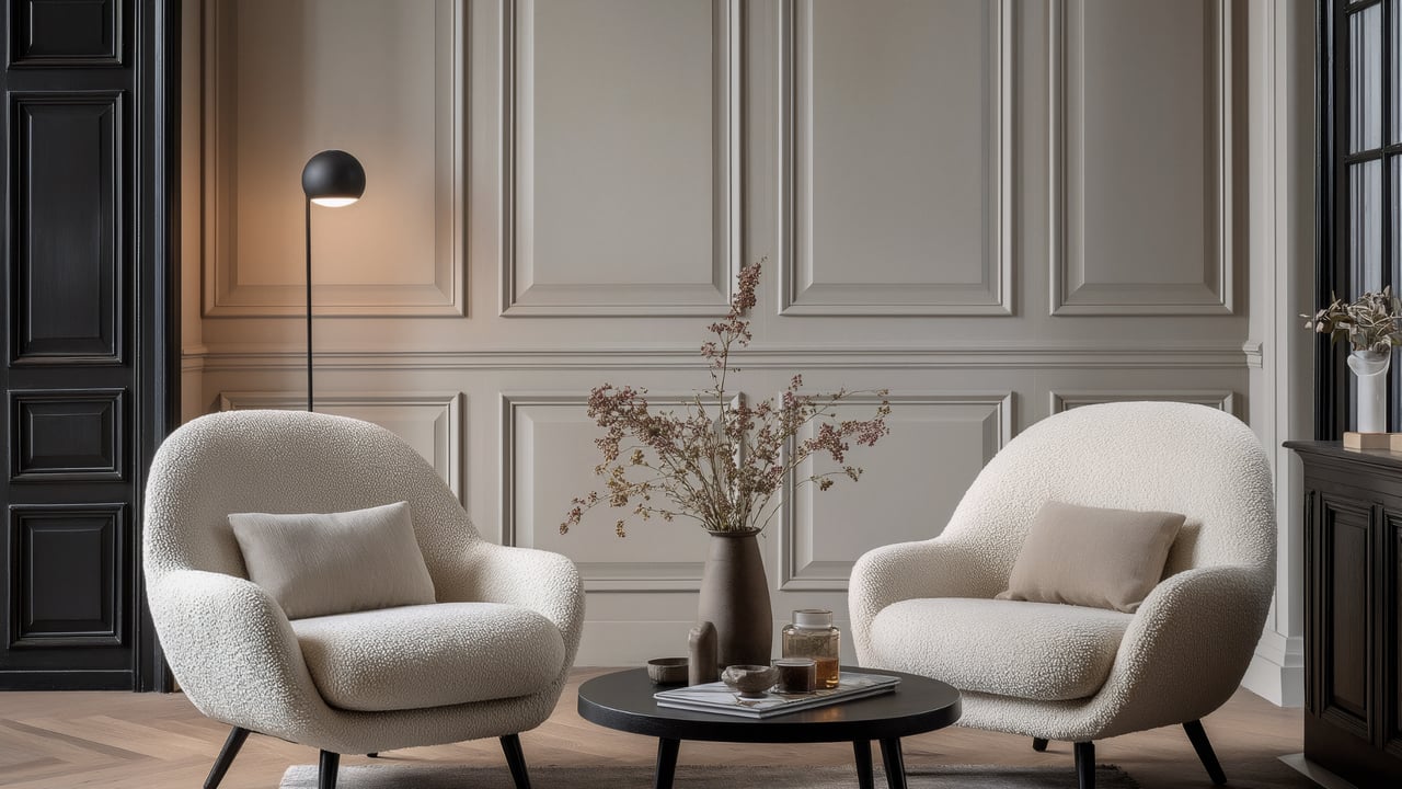 Living room with cream bouclé armchairs, a black coffee table, and paneled walls.