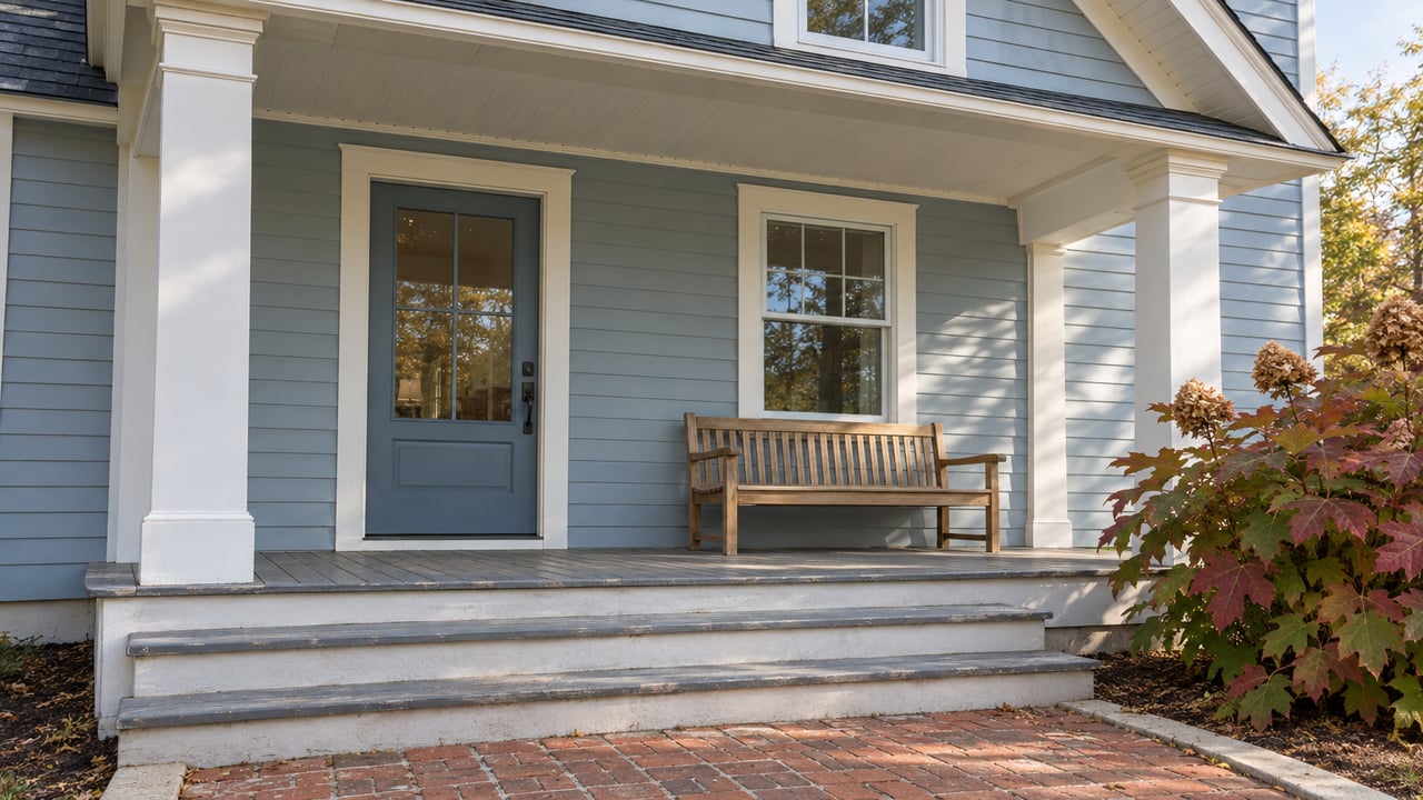 Pale-blue home with white porch columns, a closed glazed entry door, gray steps, a teak bench and an oakleaf hydrangea.