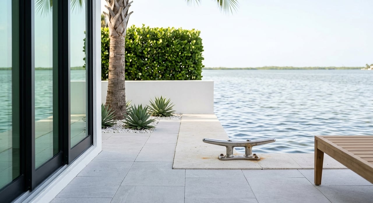 Stainless steel cleat on a limestone-capped seawall beside a paver patio, with calm water beyond.