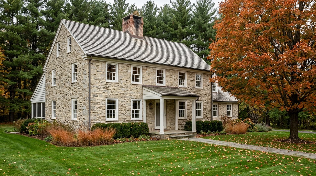 Stone farmhouse with a gray cedar-shake roof, bluestone walk, and orange-red maple beside the facade.