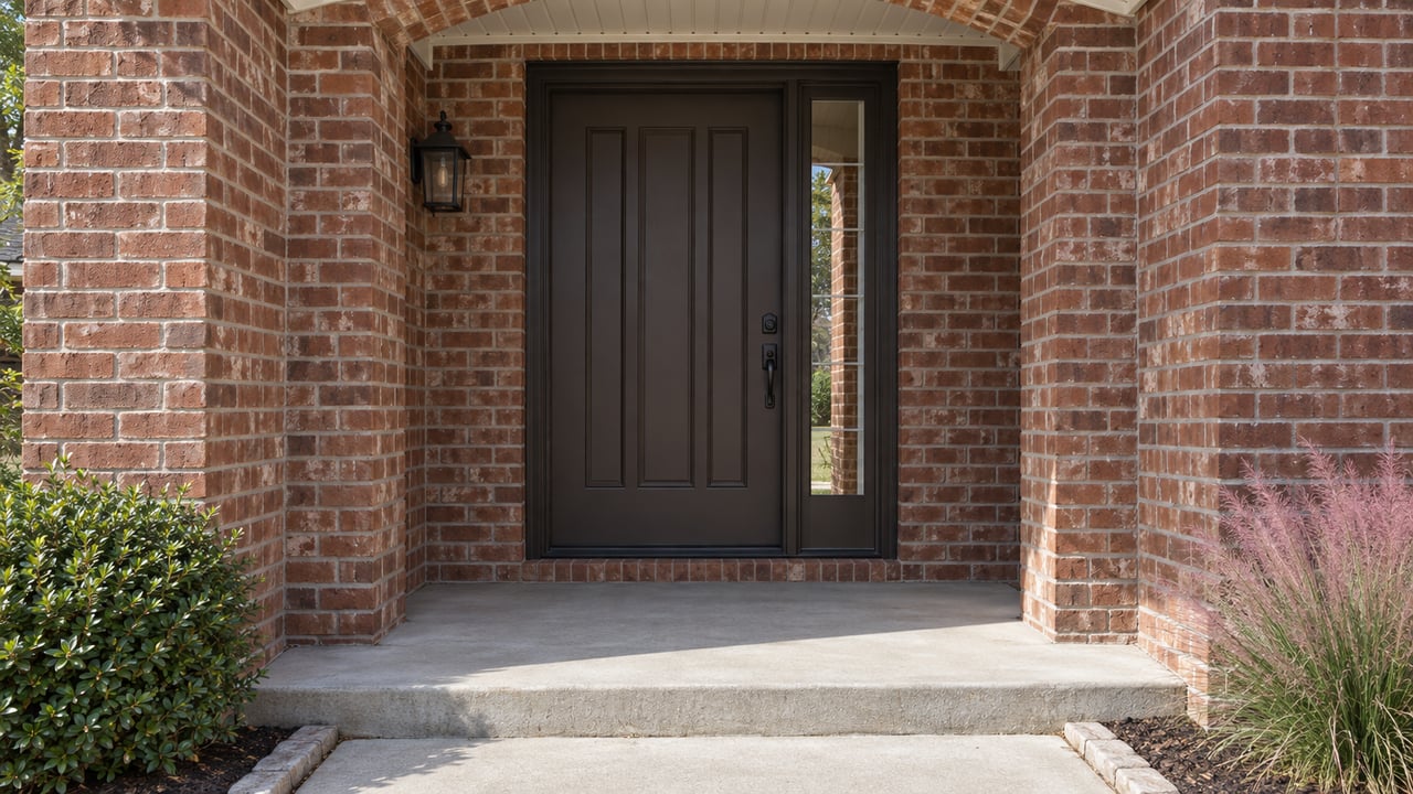 Dark bronze paneled door beneath a shallow brick arch, with a glazed sidelight and concrete step.
