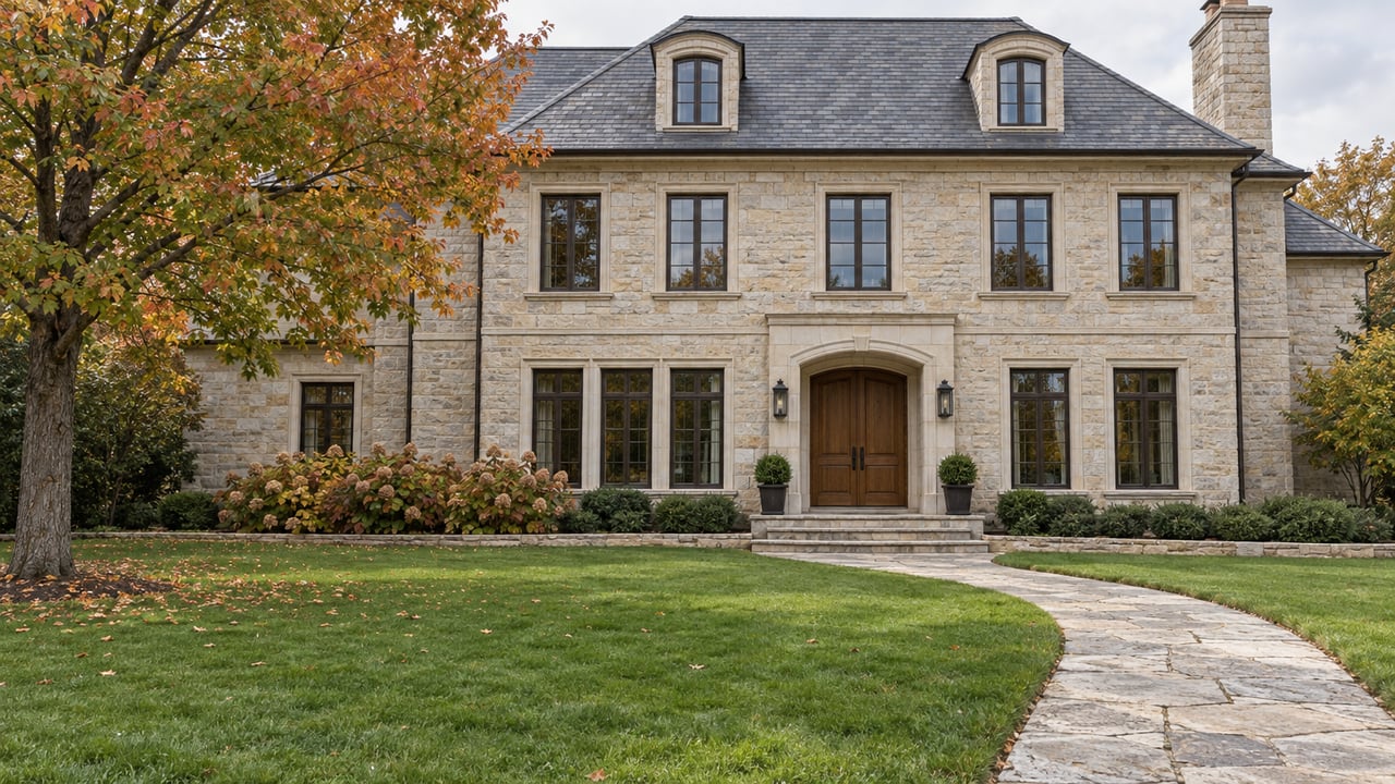 Pale limestone manor with a dark slate roof, a deep green front lawn, and a maple turning gold beside a curved stone entry walk.