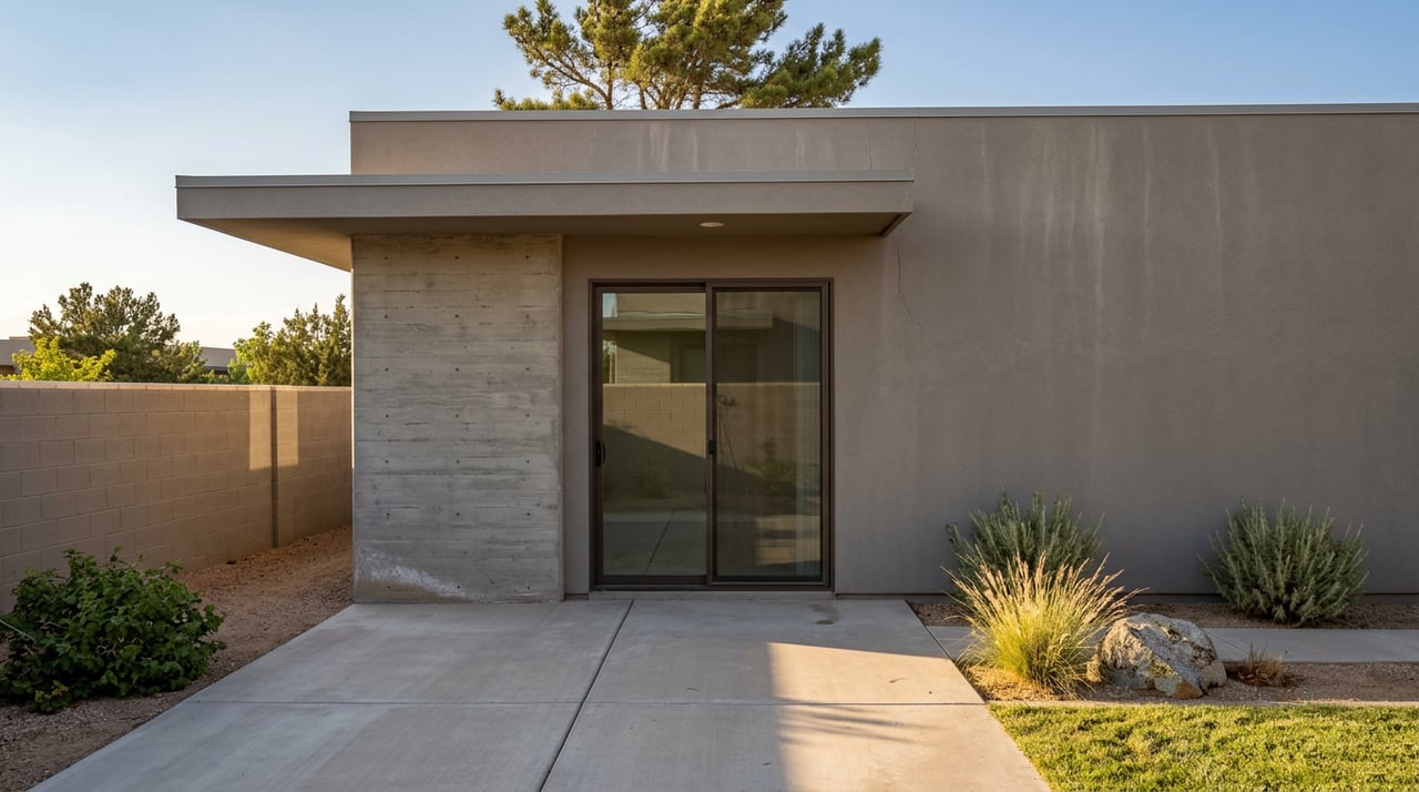 Contemporary stucco home with a board-formed concrete accent, sliding glass door, and pine shading the rear patio.