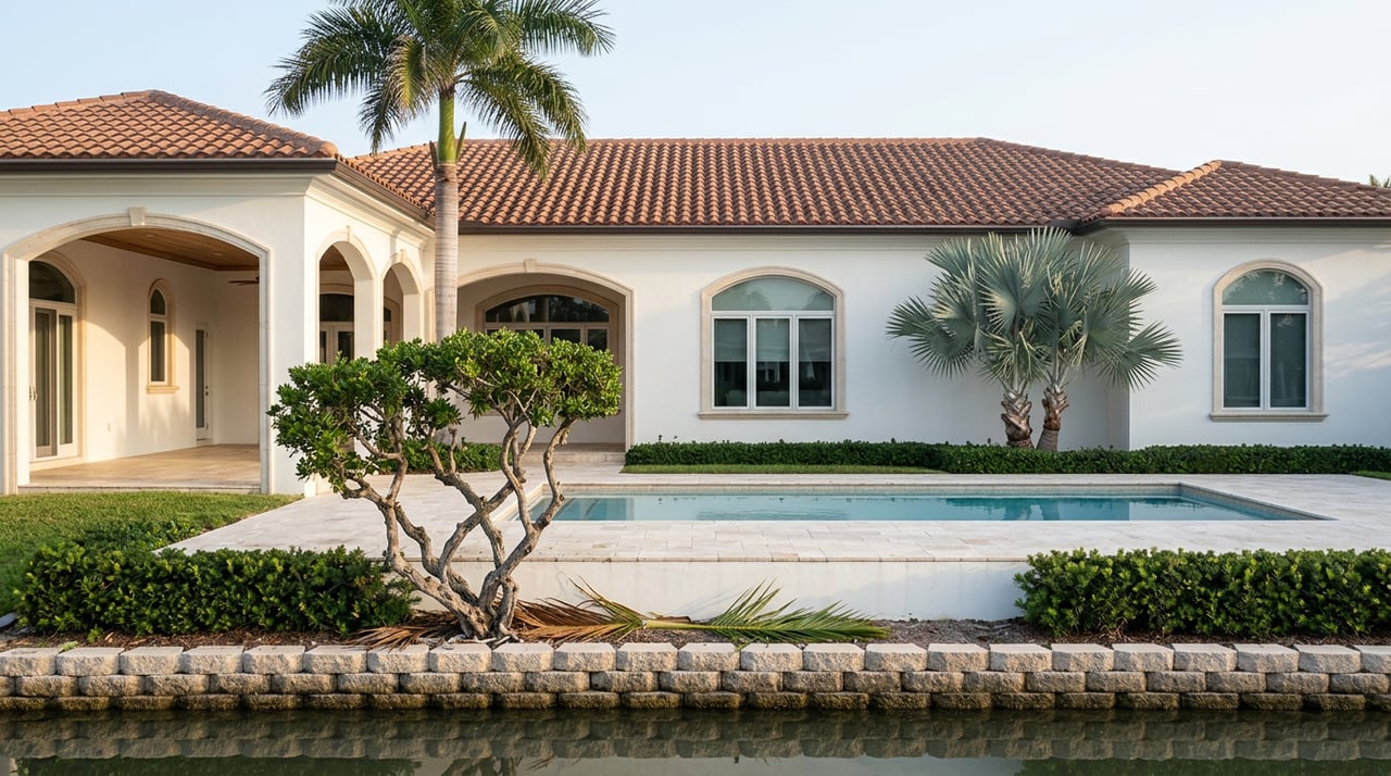 White stucco waterfront home with arched windows behind a pool, lanai, and palm-fringed canal.