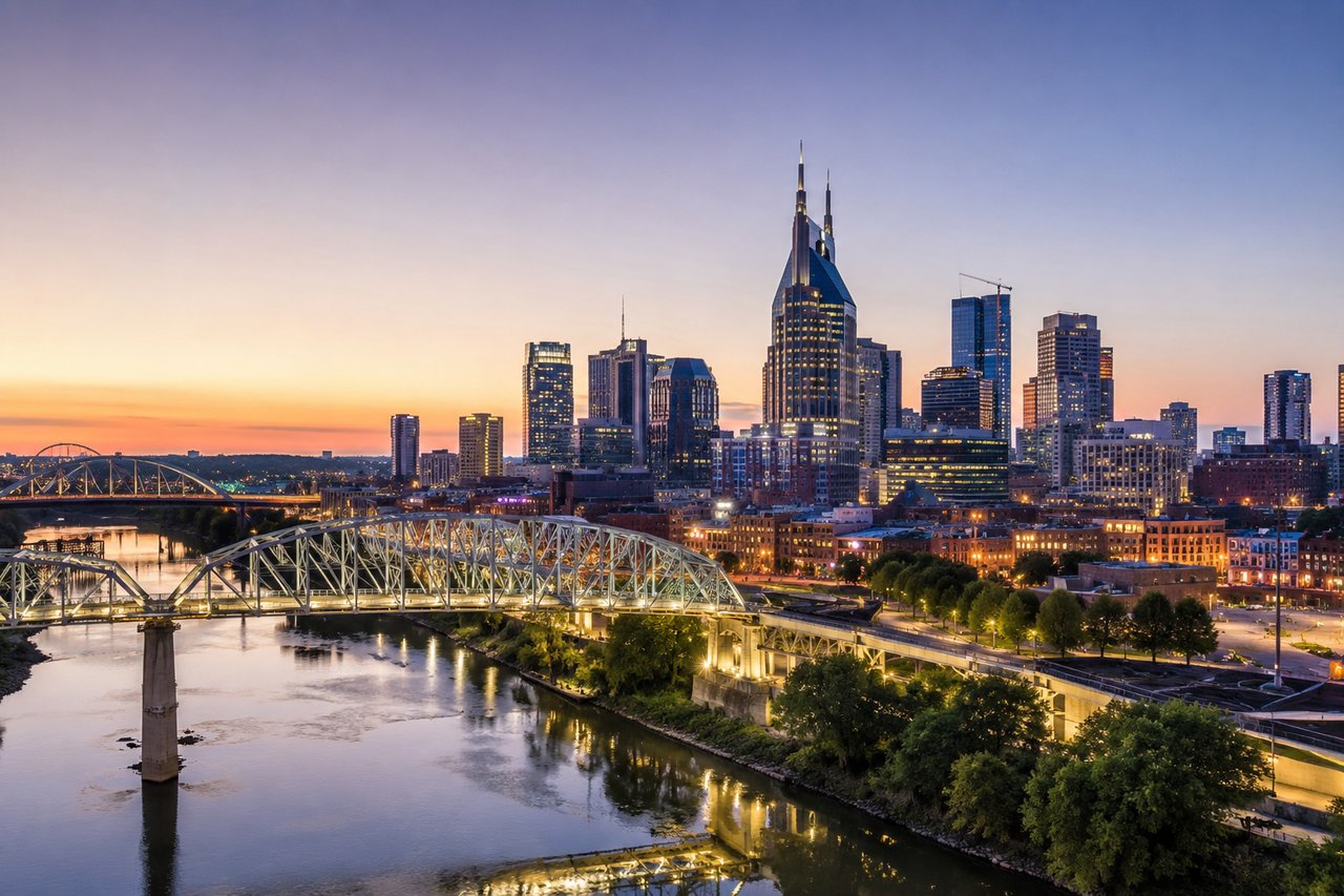 Panoramic aerial view of the Nashville, Tennessee skyline at sunset featuring downtown high-rise buildings, the Cumberland River, and illuminated bridges, representing the Nashville luxury real estate market and the latest Compass luxury market trends in Nashville and Franklin.