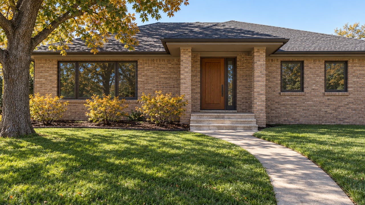 Renovated buff-brick home with bronze-framed windows, an oak entry door and a deep lawn beneath an autumn oak.