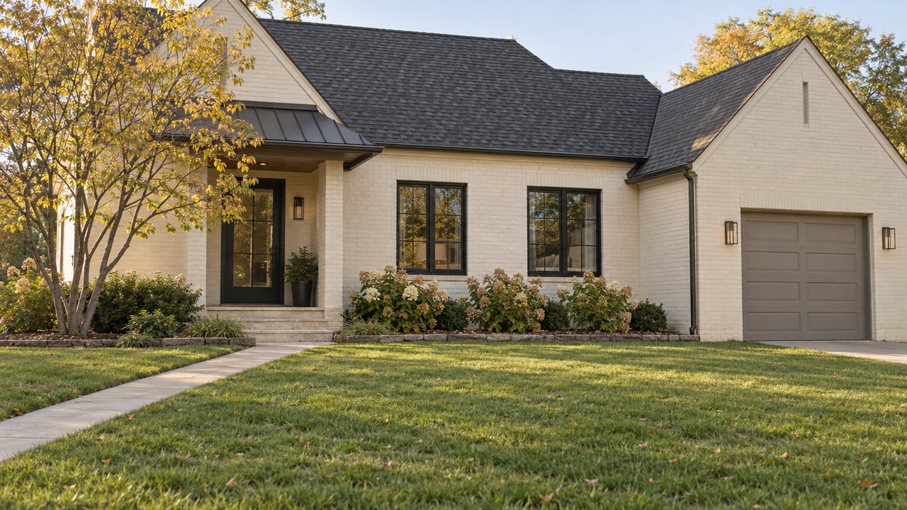 Cream-brick suburban home with a deep green lawn, diagonal concrete walk, and sparse-leaved tree beside the porch.