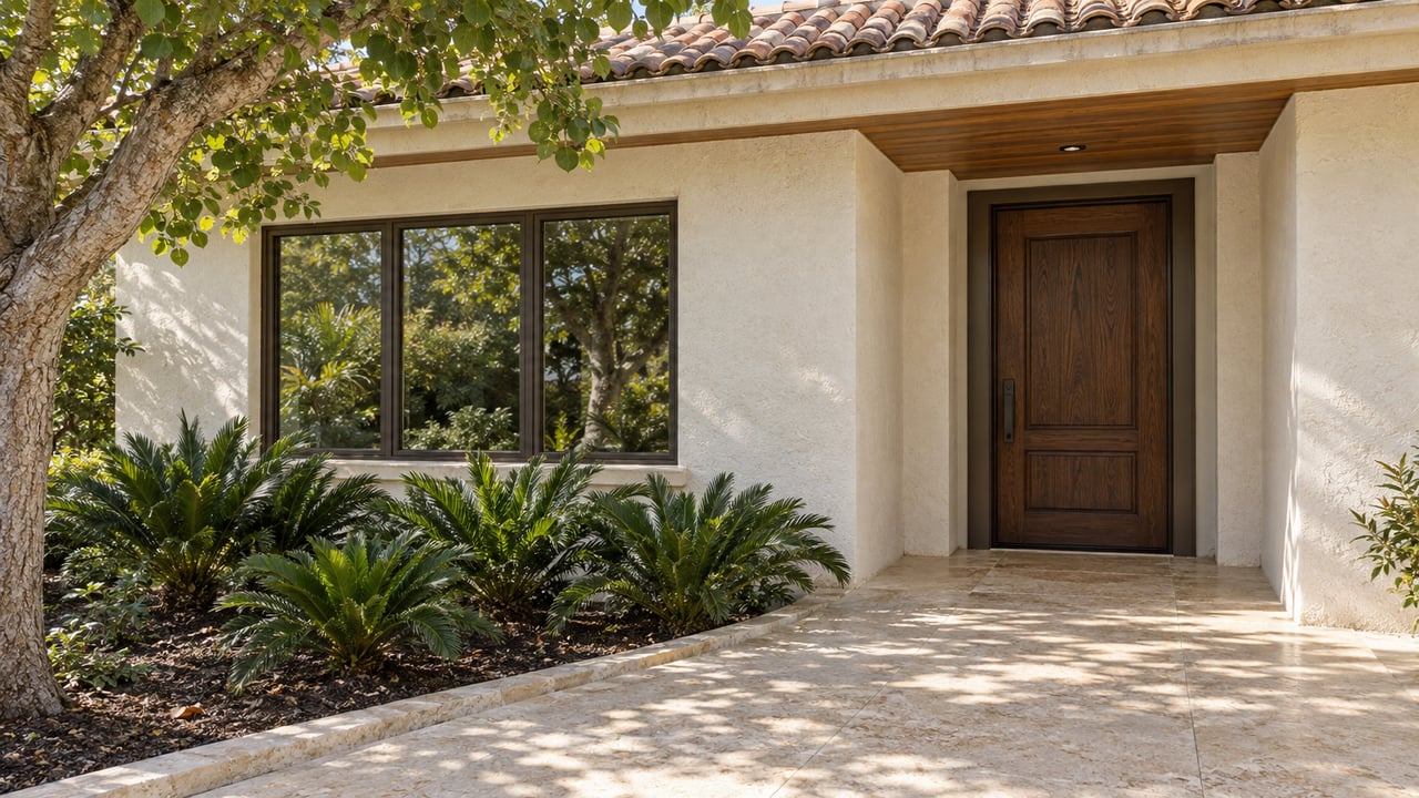 Off-white stucco home with faded clay roof tiles, dark bronze windows and a recessed oak entry beside a limestone terrace and planted garden.