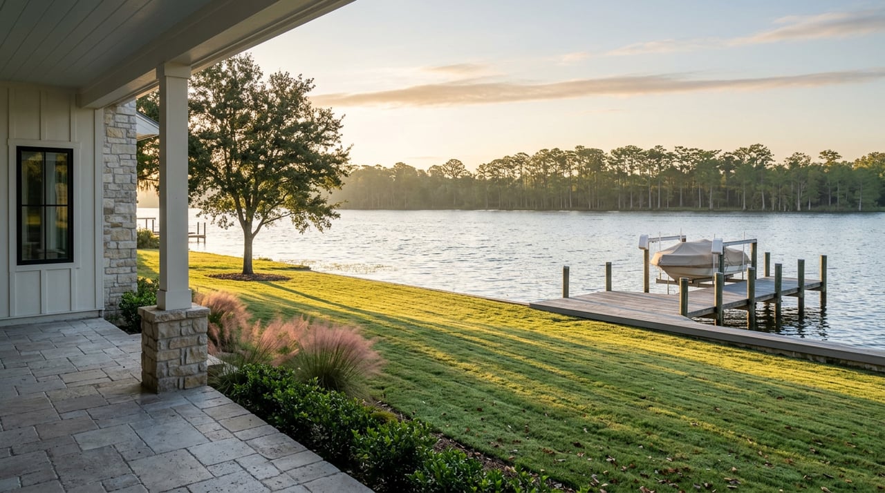 Stone patio overlooking a sloping lawn, live oak, private dock, and lake bordered by cypress trees.