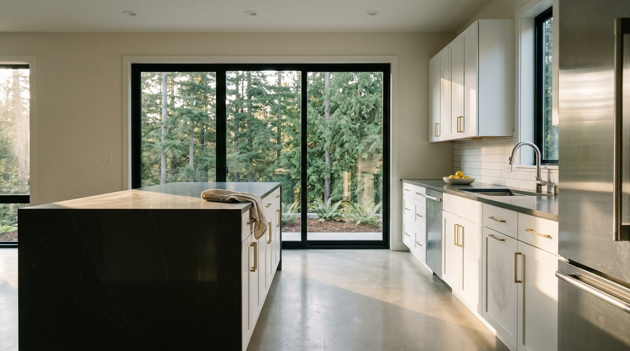 Kitchen with a charcoal waterfall island, white shaker cabinets, and evergreen trees beyond black-framed glass.