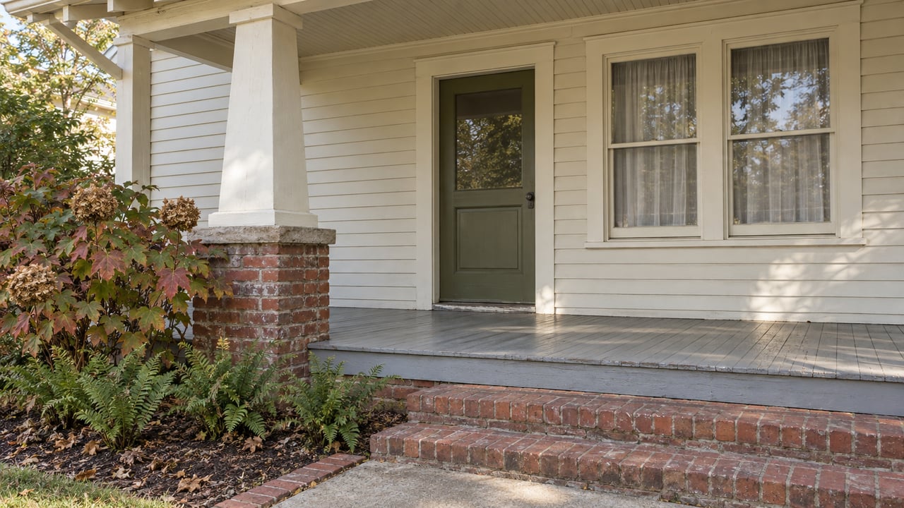 Cream clapboard cottage porch with an olive door, paired sash windows, brick steps and autumn oakleaf hydrangea.