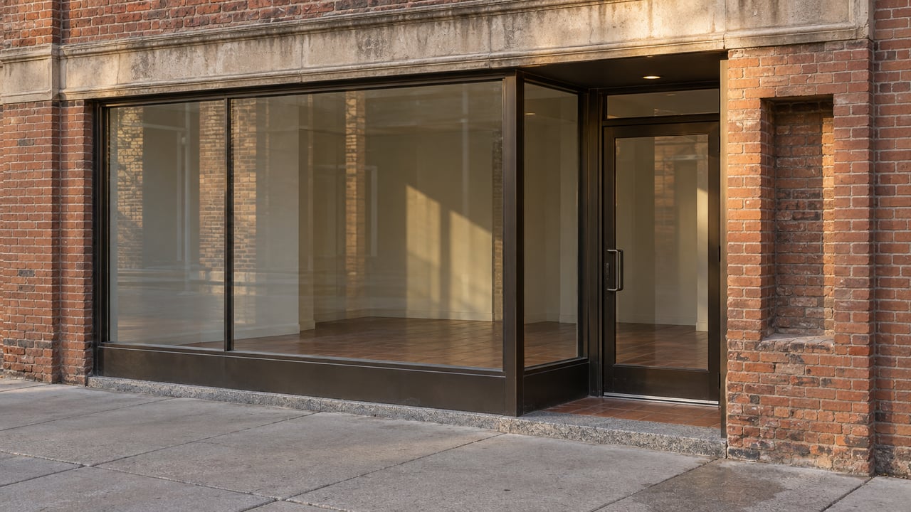 Weathered brick storefront with dark bronze-framed glass doors, a limestone cornice, and a granite threshold.