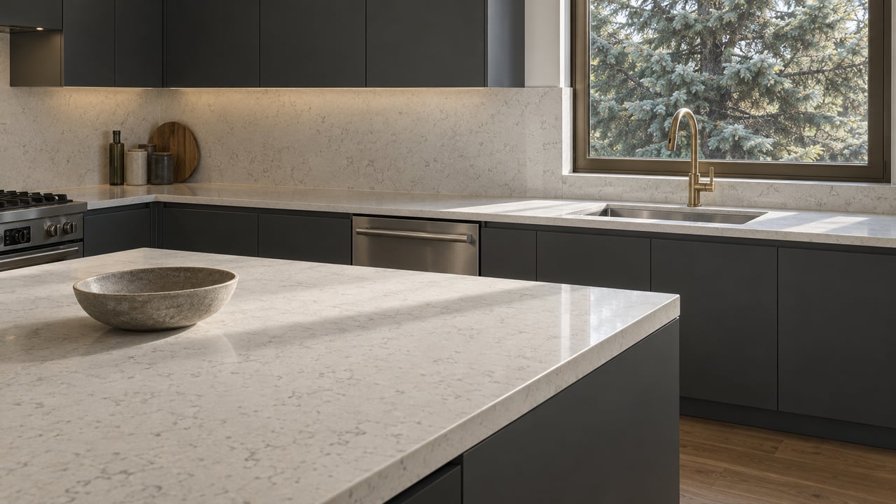 Sunlight crosses a pale quartz kitchen island beside charcoal cabinets and a bronze-framed window overlooking a conifer.