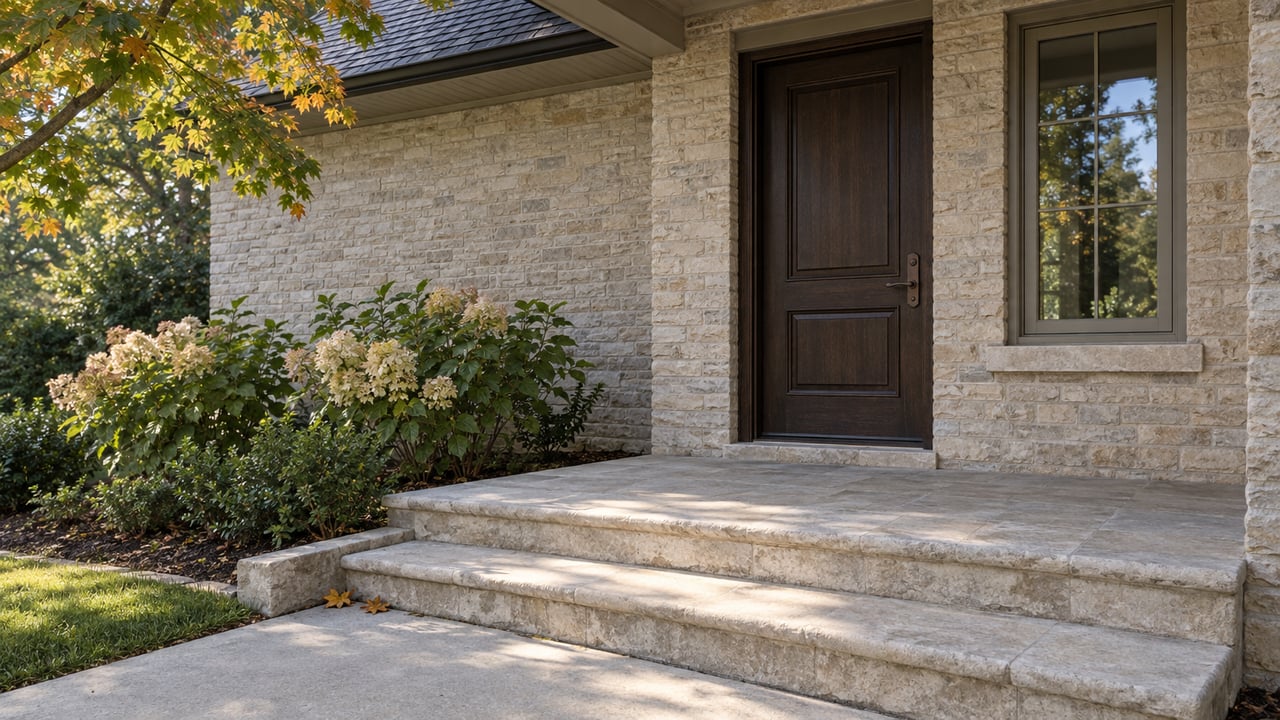 Buff brick home entrance with a dark oak door, hydrangeas, and sunlit limestone steps.