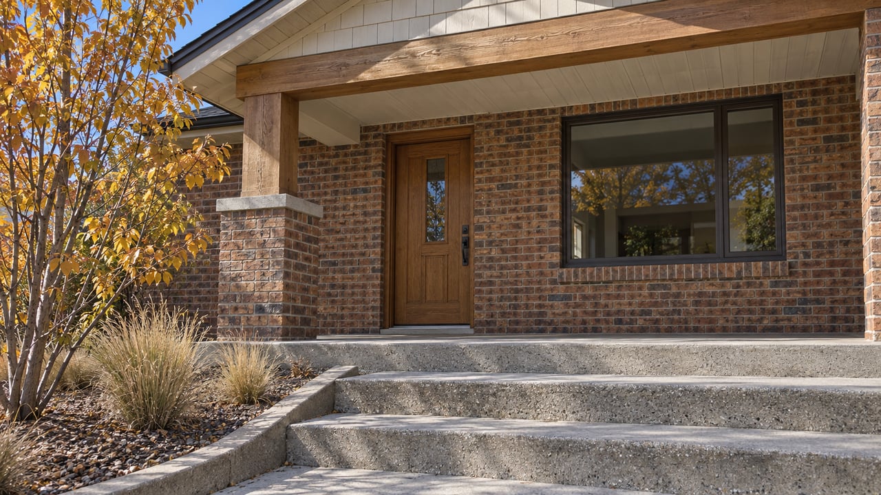 Sunlit brick bungalow porch with a timber gable, oak entry door, broad concrete steps and autumn planting.