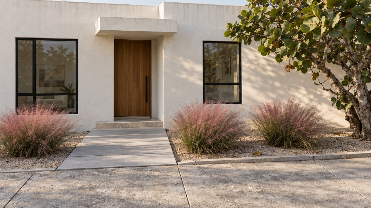 White stucco coastal home with a recessed wood door, black-framed windows, sea grape and pink muhly grass.