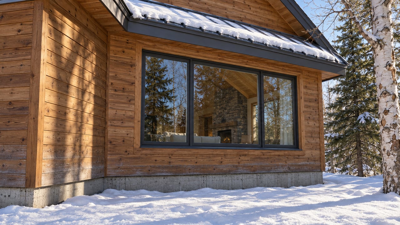 Low winter sun warms cedar siding and deep-set windows above a snow-covered yard, with pale birch bark beside the house.
