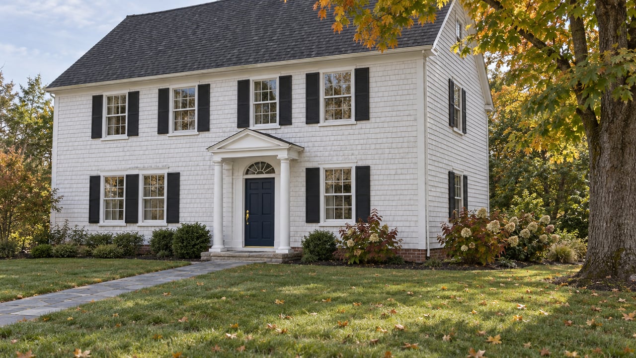 White-shingled traditional home with black shutters, navy entry door and a stone walk across an autumn lawn beneath a mature maple.