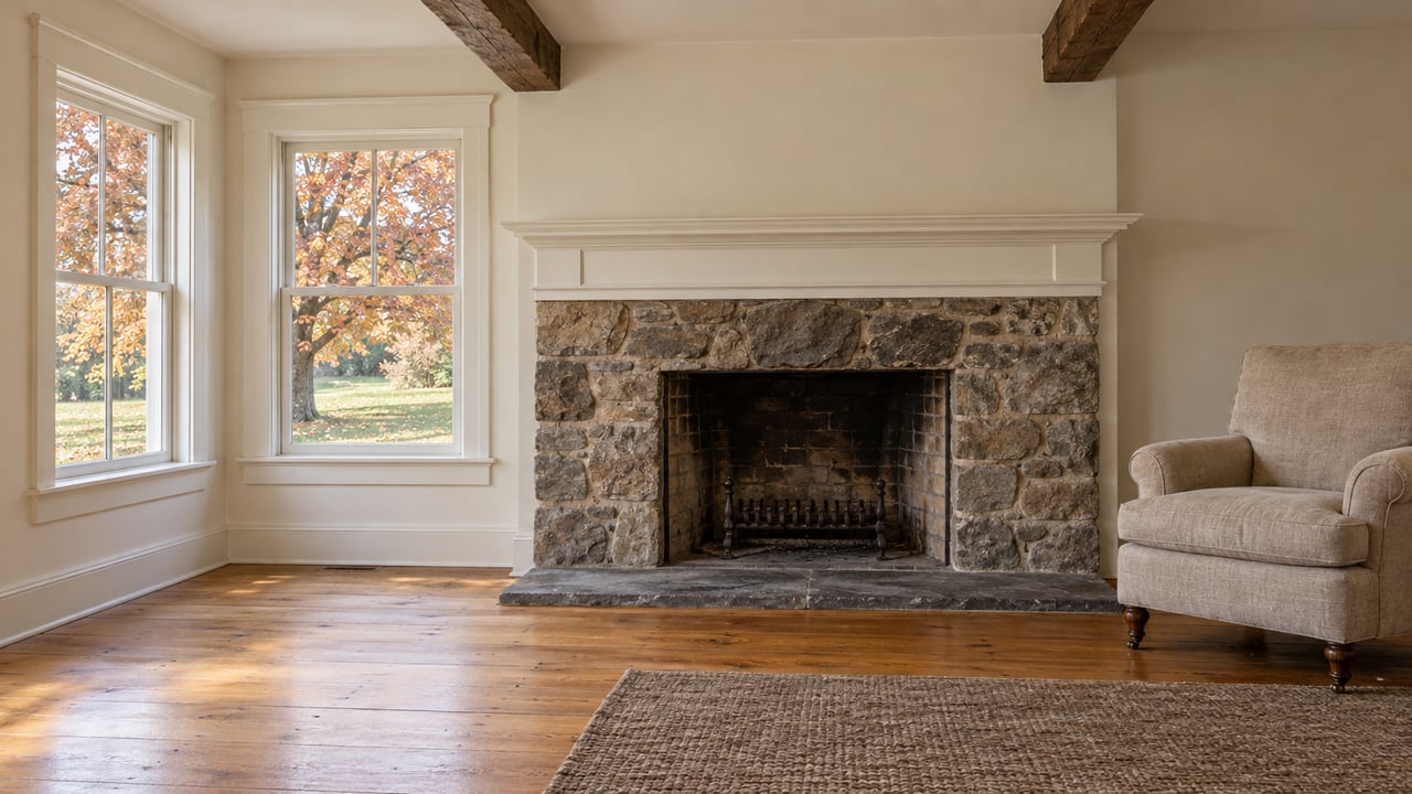 A fieldstone fireplace, painted mantel and linen armchair in an oak-floored family room, with autumn leaves visible through closed sash windows.