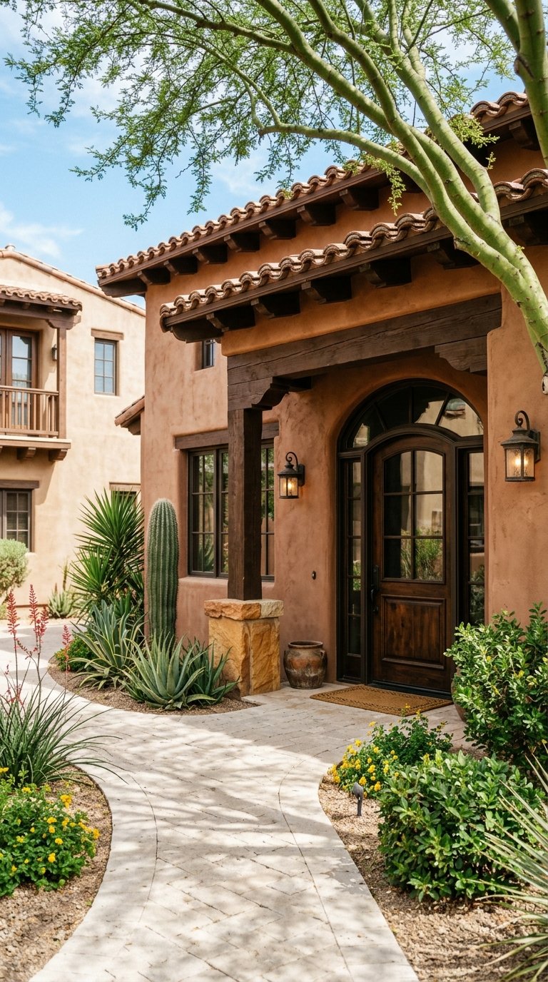 Wooden door beneath an arched stucco loggia, approached by a curved limestone walk amid desert plants.