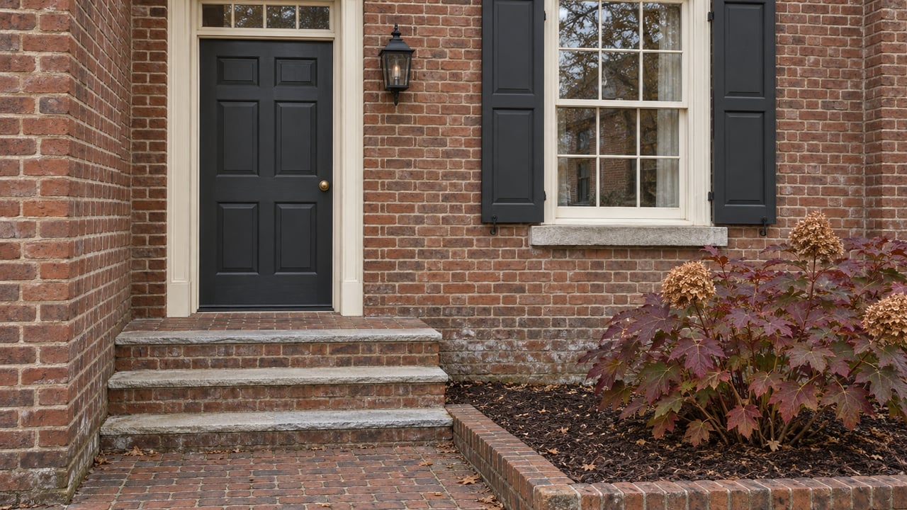 Weathered red-brick townhouse entrance with a charcoal paneled door, cream transom, shuttered window and stone-capped brick steps beside an oakleaf hydrangea.