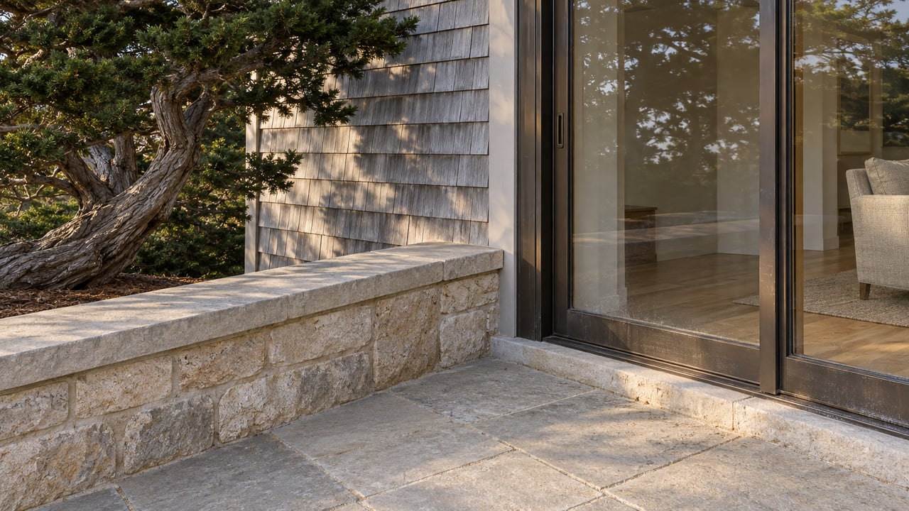Weathered cedar shingles, limestone terrace seating and bronze-framed glass doors beside a wind-shaped cypress.