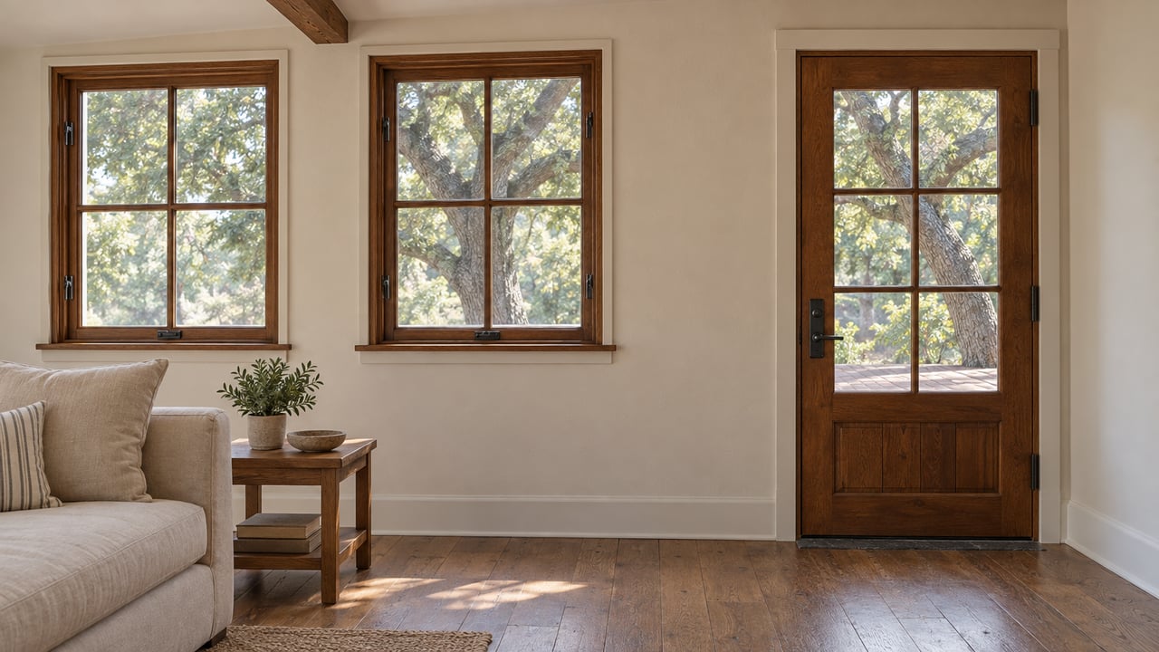 Sitting room with paired wood-framed windows, glazed timber door, sofa corner, and worn oak floor.