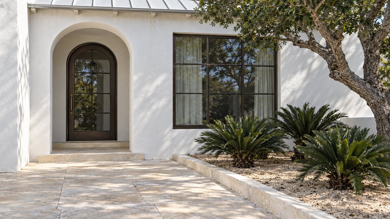 White stucco home with a recessed arched glazed entry, bronze-framed window and limestone approach beside a sculptural oak.