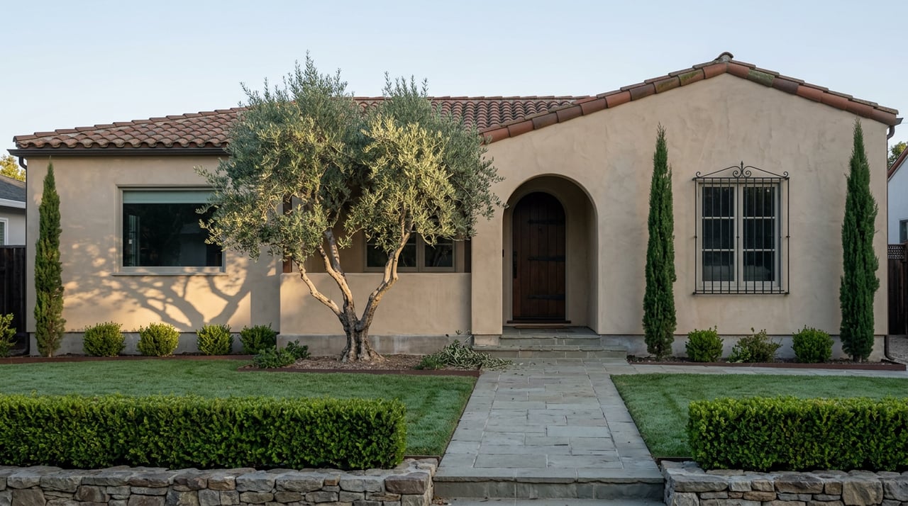 Sand-toned stucco house with an arched entry, olive tree, cypress trees, and stone walkway.