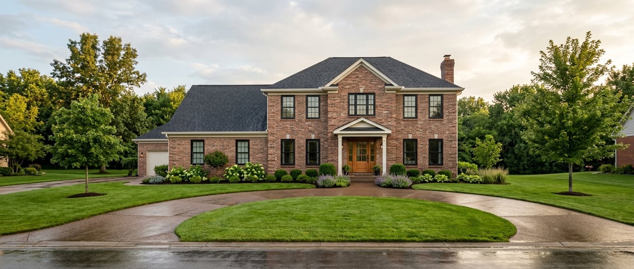 Two-story red-brick house with a curved, rain-darkened driveway crossing a broad green lawn.