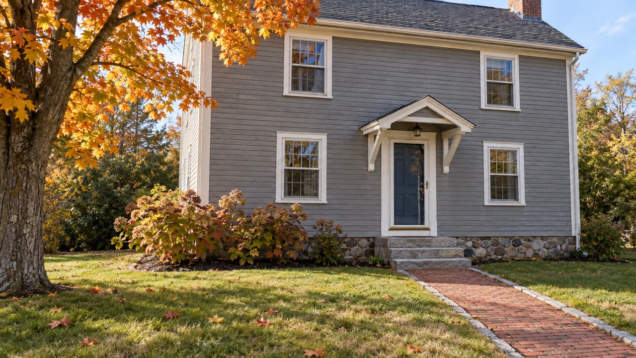 Gray clapboard house with granite entry steps, a brick walk and an autumn sugar maple beside the front lawn.
