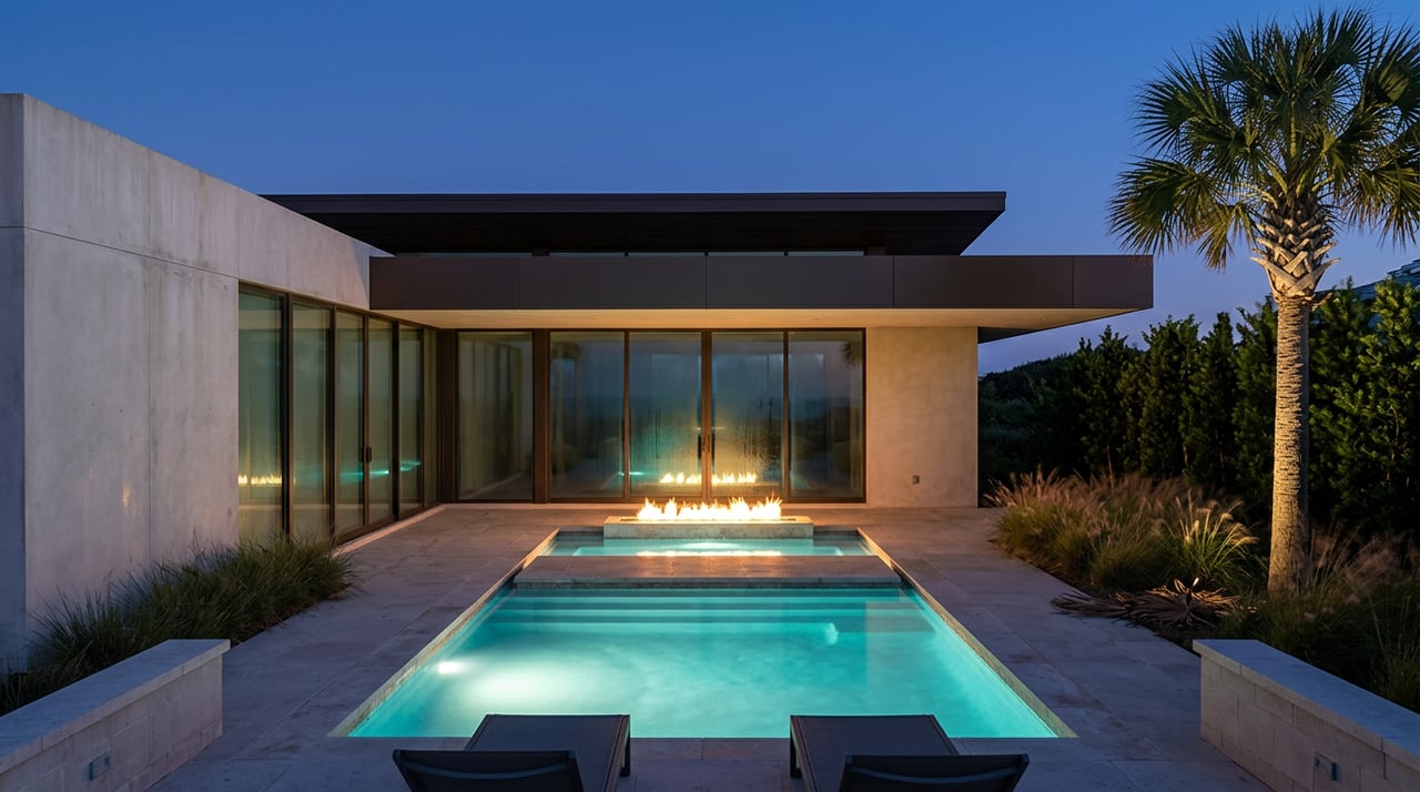Pool lights and linear fire feature illuminate a modern terrace beneath a cantilevered concrete overhang.