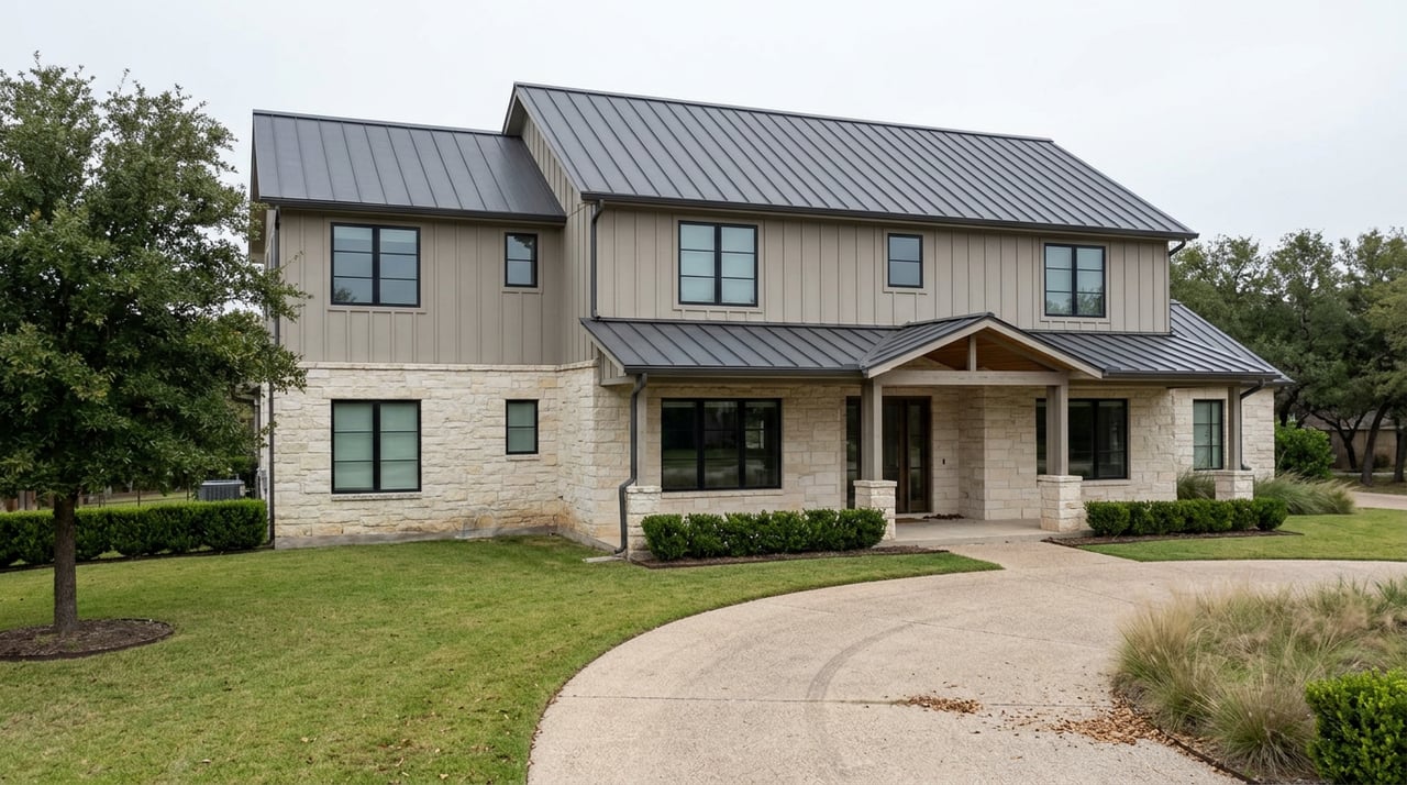 Two-story farmhouse with limestone and greige siding, a broad lawn, curving driveway, and mature oak.