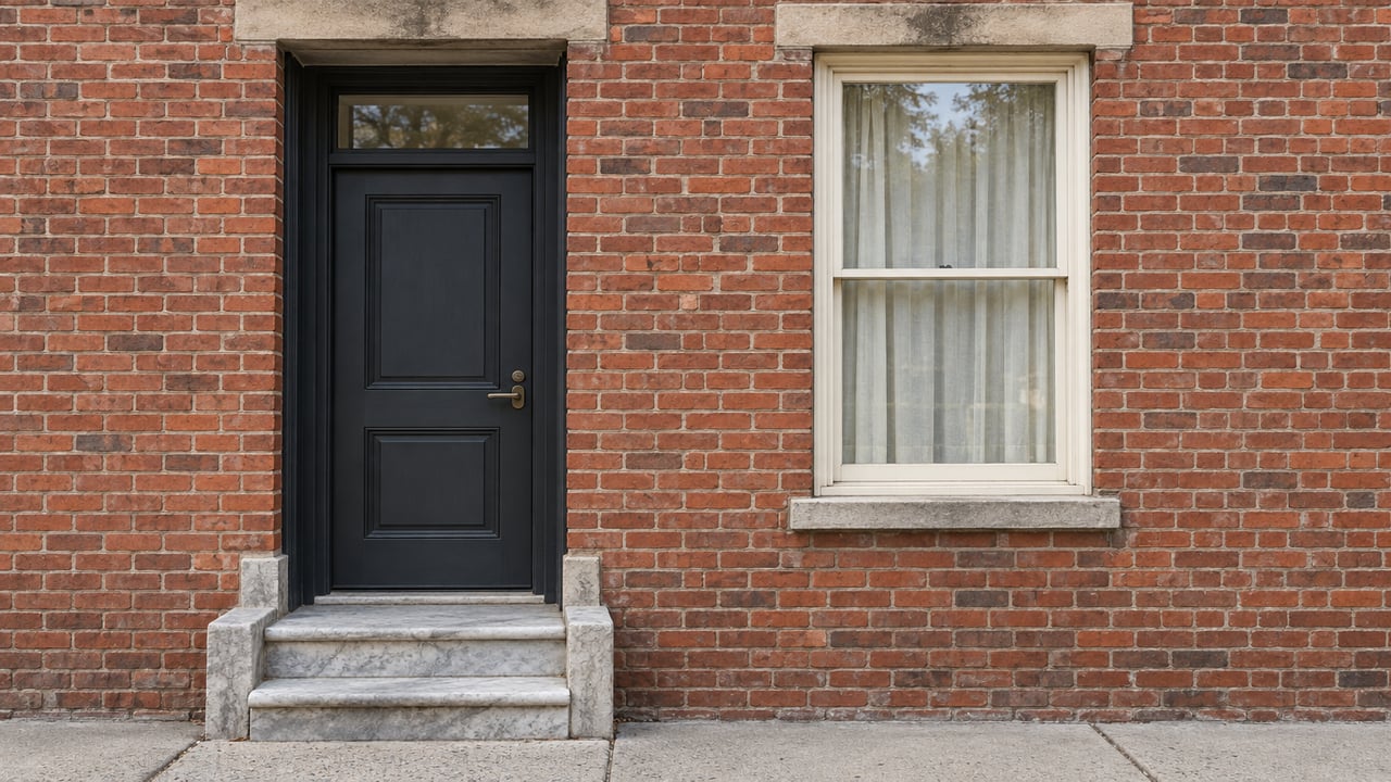 Red brick rowhouse entrance with a charcoal wood door, cream sash window and gently worn pale stone stoop.