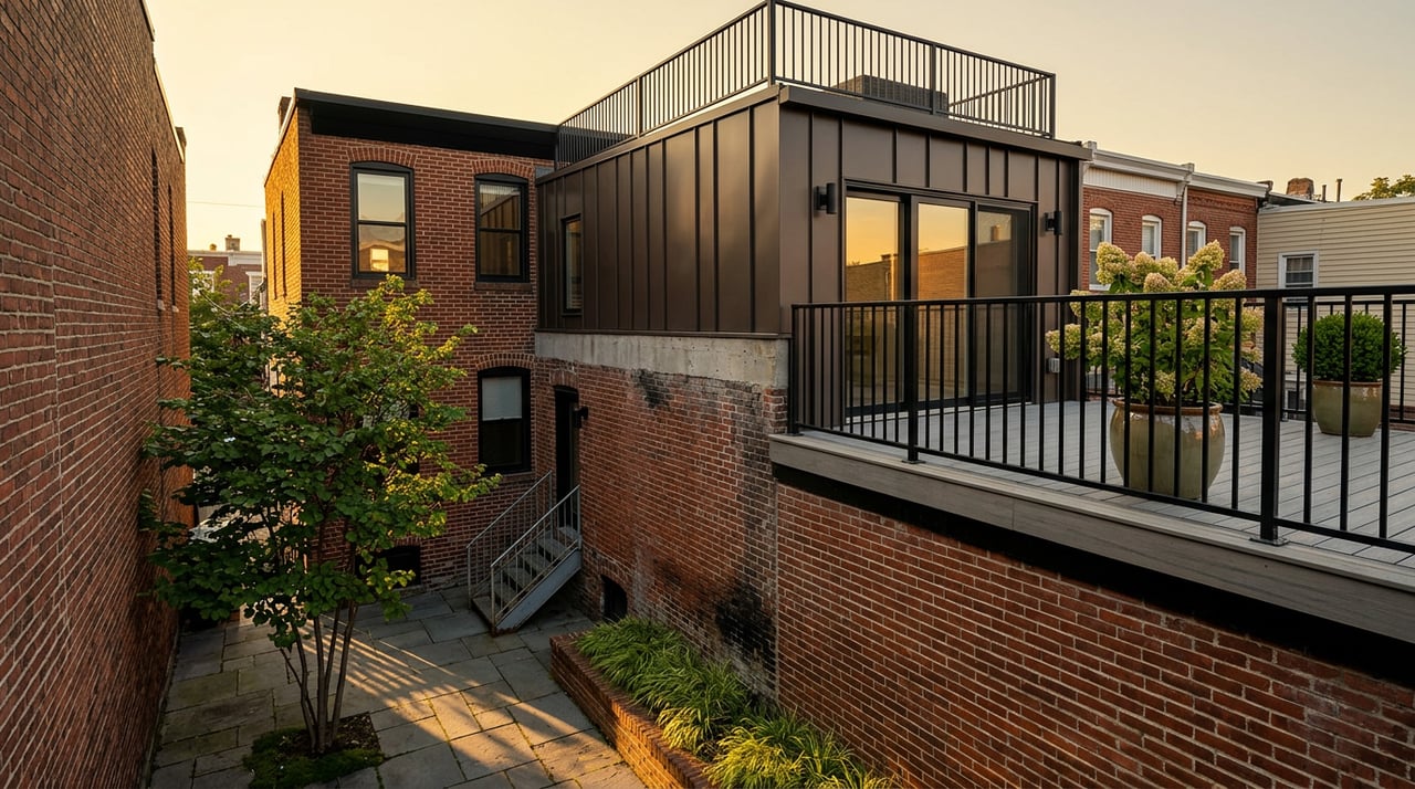 Brick rowhome with a dark metal rear addition, roof deck, and small paved yard shaded by a tree.