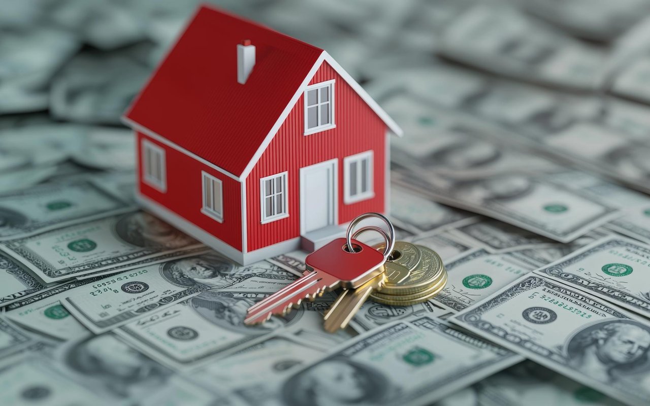 Red model house, keys, and coins resting on U.S. dollar bills.