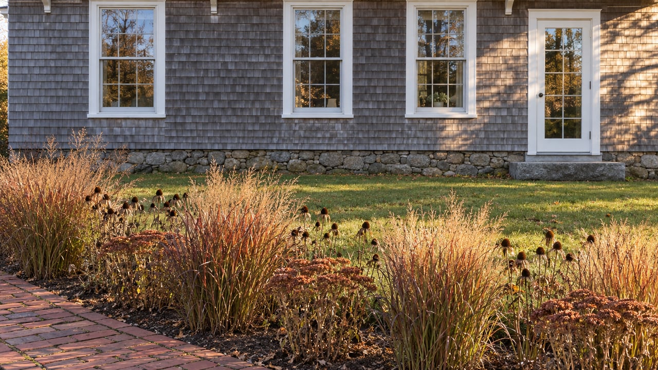 Autumn seed heads and tawny grasses beside a brick walk, with a broad lawn and silvered cedar-shingle home beyond.
